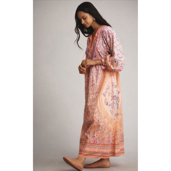 Farm Rio Anthropologie Maxi Dress Women Pink Floral Preppy Boho Retro Sz L NWT - Picture 5 of 14